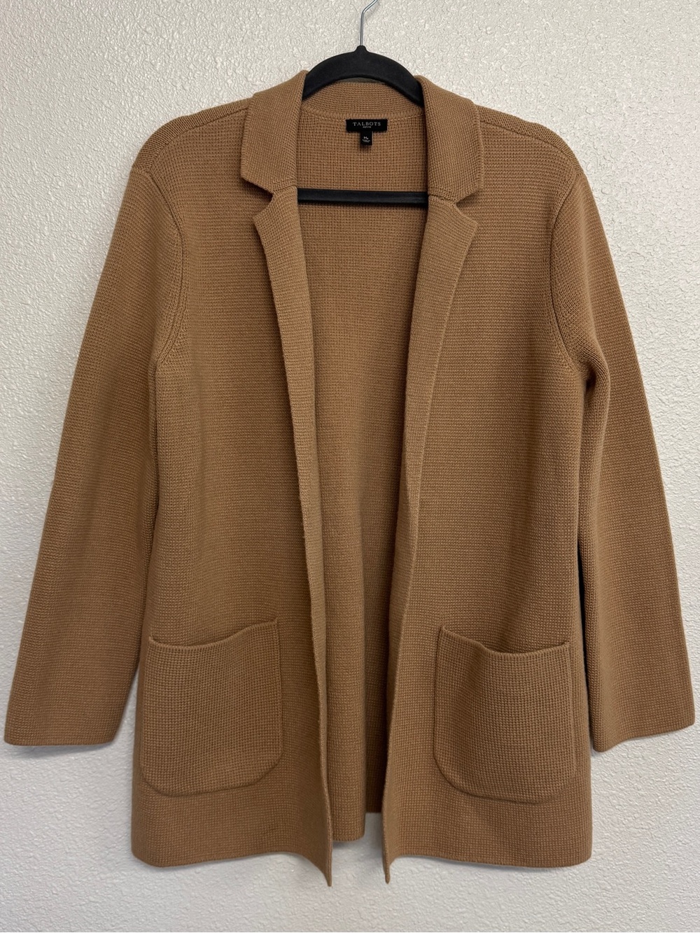 Talbots Size MP Tan Open Front Wool Blend Knit Sweater Jacket